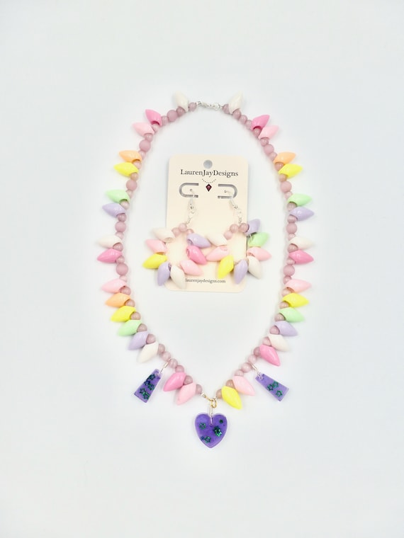 Valentine's Day Colourful Heart Pendant Beaded Necklace and Earring Jewellery Set by Lauren Jay Designs