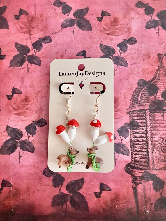 Fall Reindeer and Mushroom Fairycore Dangle Earrings by Lauren Jay Designs