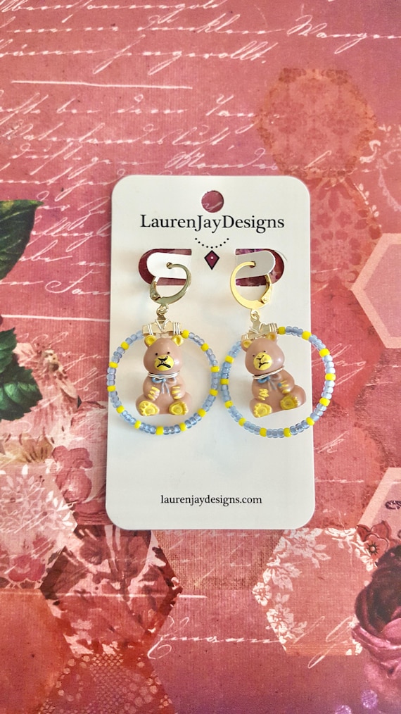 90's Teddy's Wonderland Blue and Yellow Beaded Gold Hoop Dangle Earrings by Lauren Jay Designs
