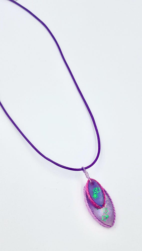 Purple Resin Green Star Sparkle Cat Eye Shaped Pendant With Purple Border on Purple Cord Necklace by Lauren Jay Designs