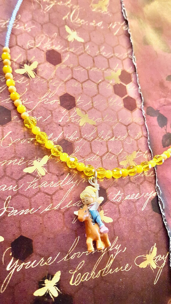 Polly Pocket Pony Riding Pendant Orange and Blue Beaded Necklace by Laure Jay Designs