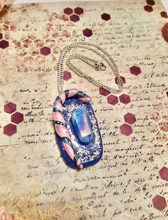 Pink and Blue Winter Wonderland Christmas Candy Cane Glass Crystal Pendant Silver Chain Necklace by Lauren Jay Designs
