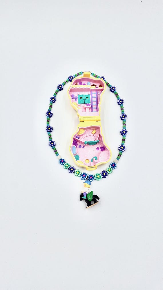 1994 Polly Pocket Pony Ridin' Play Set with Doll and Horse Pendant Beaded Floral Necklace by Lauren Jay Designs