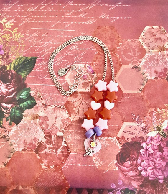 Sun, Heart and Bow Charm Heart Pendant Star and Heart Beaded Chain Necklace by Lauren Jay Designs