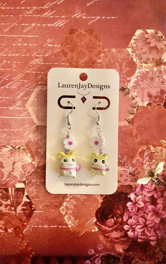 Hamtaro Pashmina Hamster Pendant White Flower Pink Beaded Dangle Earrings by Lauren Jay Designs