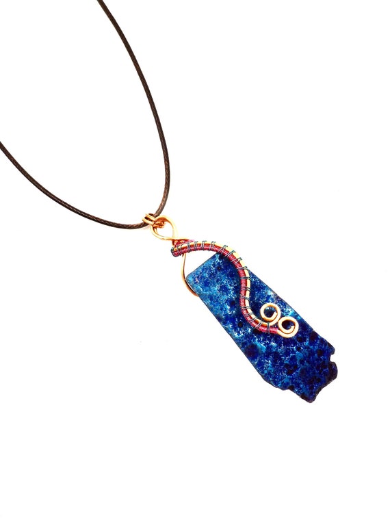 Blue Stone Copper and Pink Wire Wrapped Pendant Brown Cord Necklace by Lauren Jay Designs