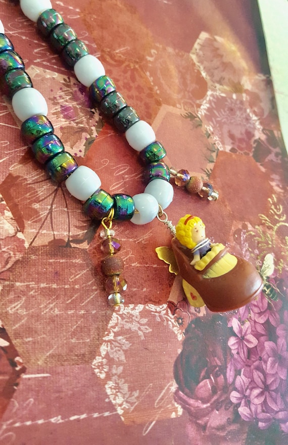 1989 Polly Pocket Shoe Fairy/Fairies in a Brown High Heel Shoe Pendant Beaded Gold Chain Necklace by Lauren Jay Designs