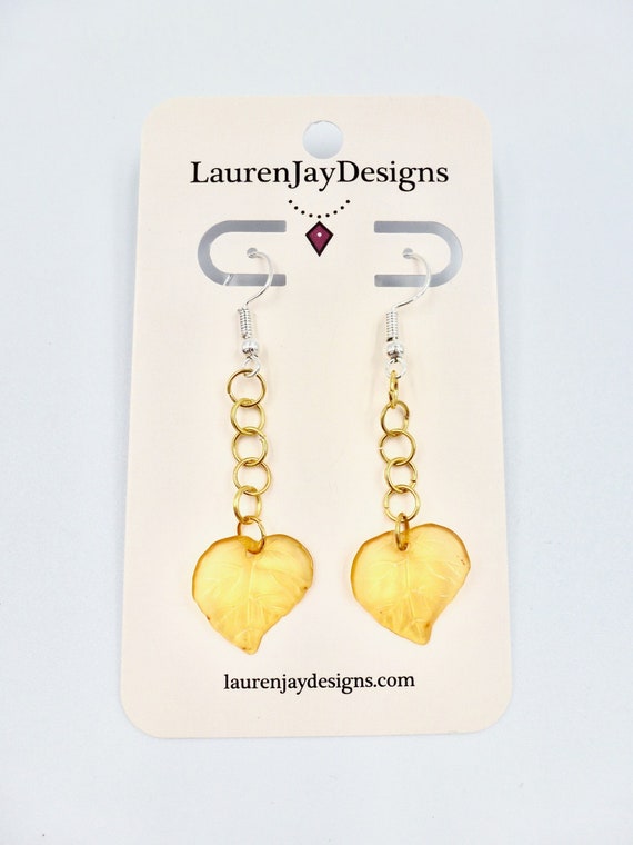 Orange Fall Leaf Gold Chain Dangle Earrings by Lauren Jay Designs