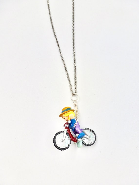 CLEARANCE SALE ITEM - 1994 Polly Pocket Bicycle Riding Pendant Chain Necklace by Lauren Jay Designs