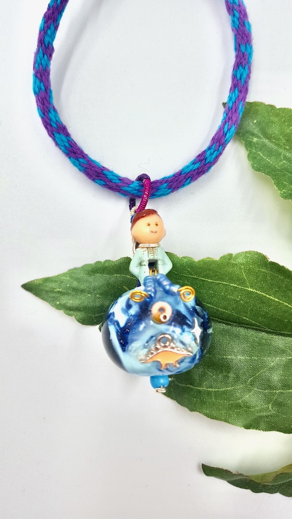 1992 Polly Pocket Prince Casper Glass Lamp-Work Globe Pendant Knit Christmas Ornament/Bracelet by Lauren Jay Designs