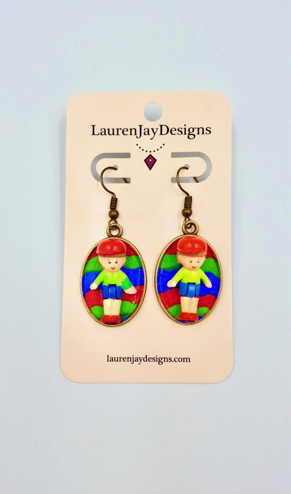 1990 Polly Pocket Titch Doll Red, Blue and Green Dangle Earrings by Lauren Jay Designs