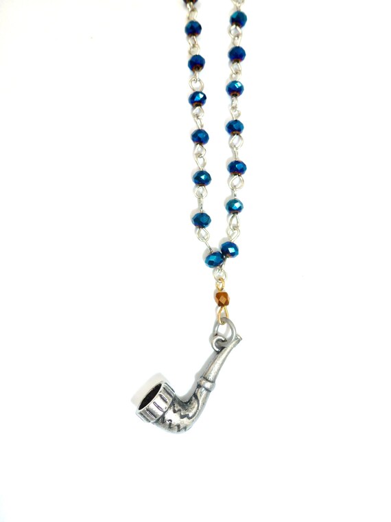 Smoking Pipe Pendant Navy Beaded Chain Necklace by Lauren Jay Designs