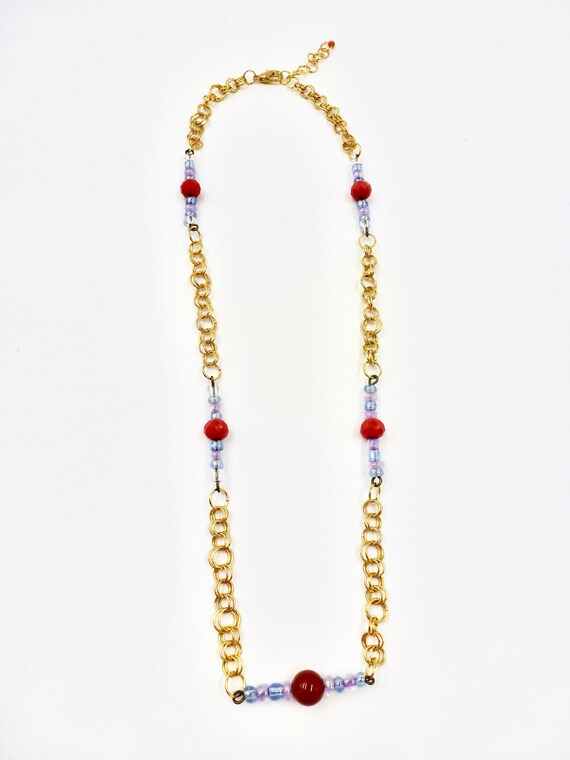Red Agate, Purple and Blue Beaded Gold Chainmail Chain Necklace by Lauren Jay Designs