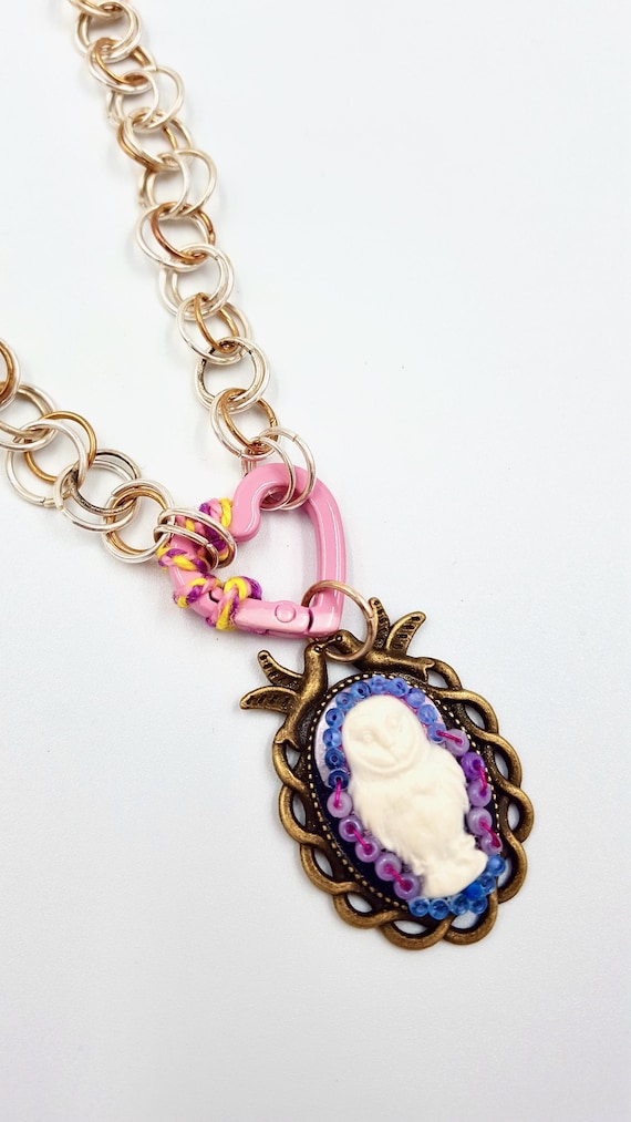 Owl Beaded Cameo Braided Heart Pendant Silver and Copper Chain Necklace by Lauren Jay Designs