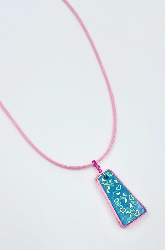 Teal Resin Gold Heart Sparkle Rectangle Pendant with Pink Border on Pink Cord Necklace by Lauren Jay Designs