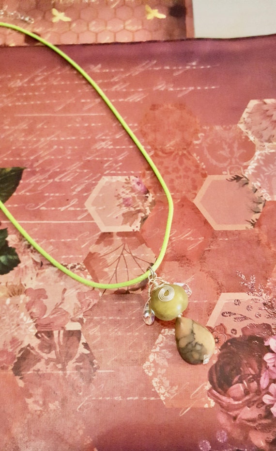 Green, Pink and Silver Beaded Teardrop Pendant With Crystal Beaded Accents On Green Cord Necklace by Lauren Jay Designs