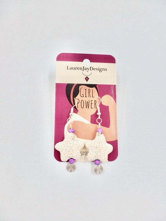 White Star/Starfish Coral Stone Purple Beaded Spiral Dangle Earrings by Lauren Jay Designs