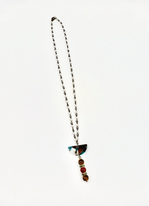 Colourful Marble Pendant Pearl Beaded Rusty Gold Chain Necklace by Lauren Jay Designs