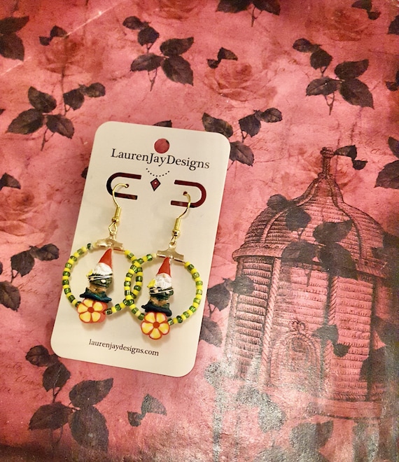 Miniature Gnome Pendant Floral Beaded Hoop Dangle Earrings by Lauren Jay Designs