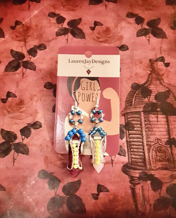 Purple and Pink Healing Chakra Quartz Crystal Stone Silver Wire Wrapped Blue and Yellow Beaded Pendant Dangle Earrings by Lauren Jay Designs