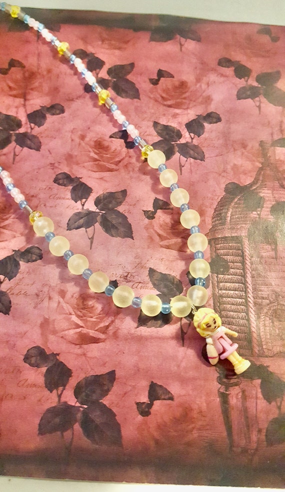 1997 Polly Pocket Up, Up and Away Doll Pendant Pink, Blue and White Beaded Necklace by Lauren Jay Designs