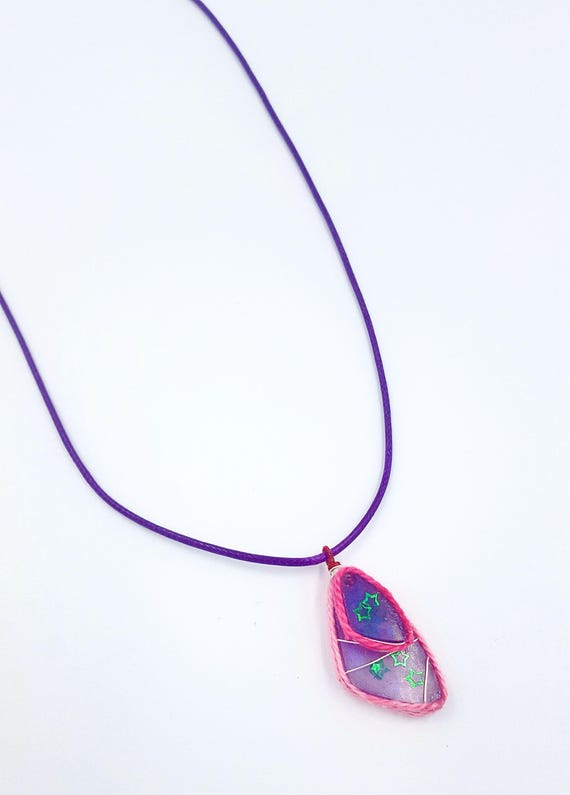 Purple Resin Green Star Pendant With Pink Border On Purple Cord Necklace by Lauren Jay Designs