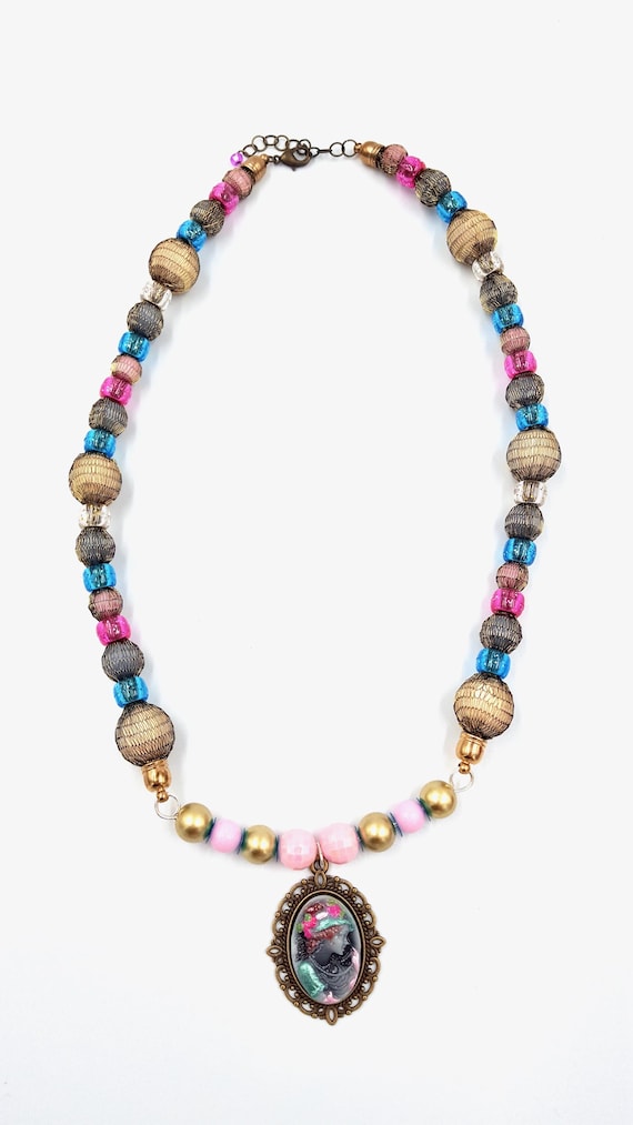 Victorian Cameo Pendant Medieval Style Copper Mesh Wire Pink and Blue Beaded Necklaces by Lauren Jay Designs