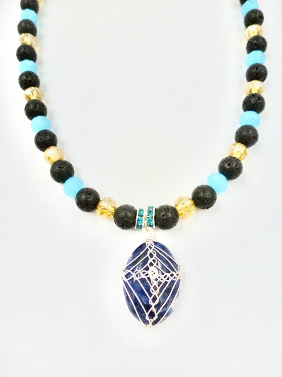 Sodalite Gemstone Pendant Lava Stone Beaded Necklace by Lauren Jay Designs