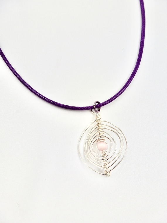Silver Herringbone Wire Wrapped Pink Beaded Pendant Purple Cord Necklaces by Lauren Jay Designs