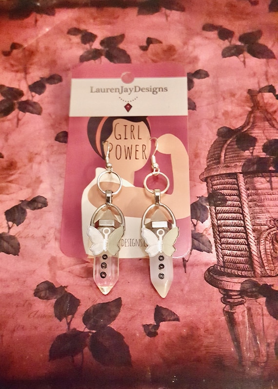 Butterfly White Healing Chakra Quartz Crystal Stone Beaded Pendant Dangle Earrings by Lauren Jay Designs