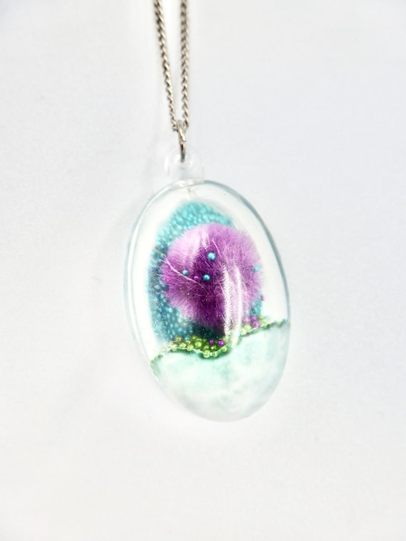 Miniature Purple Pom-Pom Tree In The Blue and Green Beaded Park Dome Pendant Silver Chain Necklace by Lauren Jay Designs