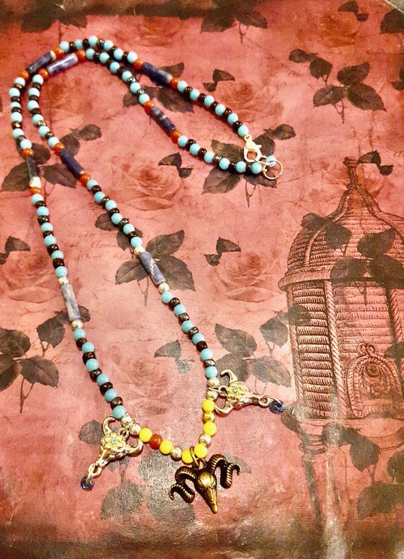 Floral Ram and Bull's Head Pendant Red, Yellow, Blue Beaded Necklace by Lauren Jay Designs