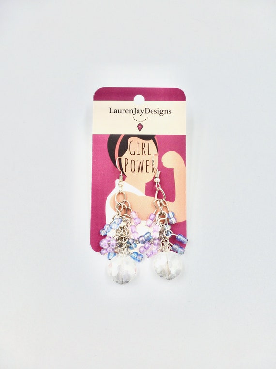 Crystal Pendant Purple and Blue Beaded Silver Chain Dangle Earrings by Lauren Jay Designs