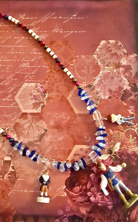 Vintage Polly Pocket 3 Cinderella Prince Doll Pendants Red, White and Blue Beaded Necklace by Lauren Jay Designs
