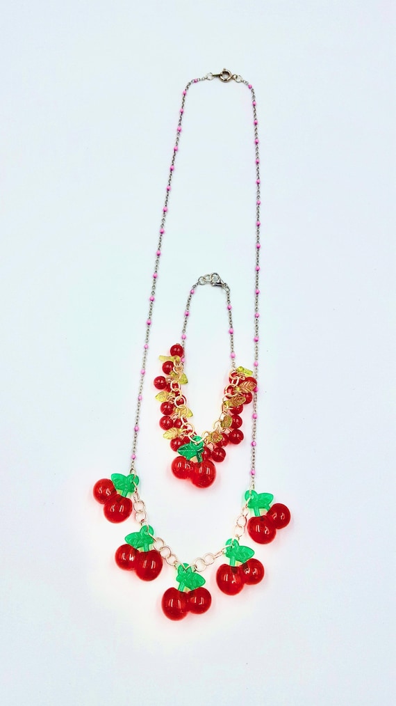 Cherry Pendant Silver and Pink Chain Necklace and Bracelet Jewellery Set by Lauren Jay Designs