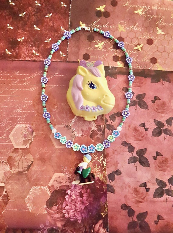 1994 Polly Pocket Pony Ridin' Play-Set and Doll Horseback Riding Pendant Floral Beaded Necklace by Lauren Jay Designs