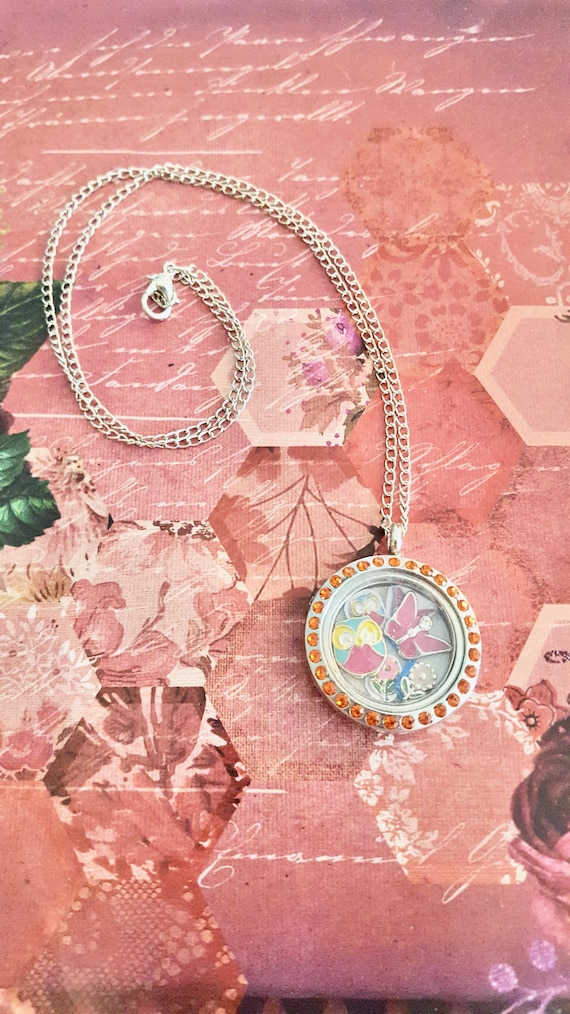 Owl, Butterfly and Flower Orange Floating Charm Pendant Silver Chain Necklace by Lauren Jay Designs