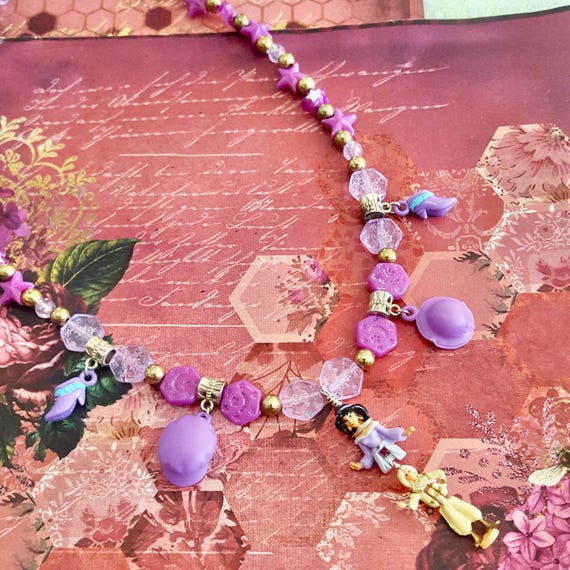 Vintage Polly Pocket Jasmine and Aladdin Doll Pendant Purple Beaded Necklace by Lauren Jay Designs