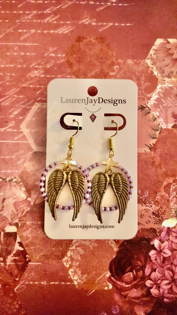 Antique Gold Fairy/Angel Wing Pendant Pink and Brown Beaded Gold Hoop Dangle Earrings by Lauren Jay Designs