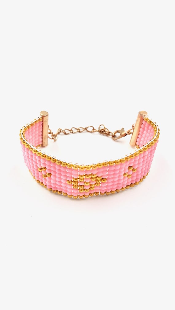 Pink and Gold Diamond Shaped Bead Weave / Bead Loom Beaded Bracelet by Lauren Jay Designs