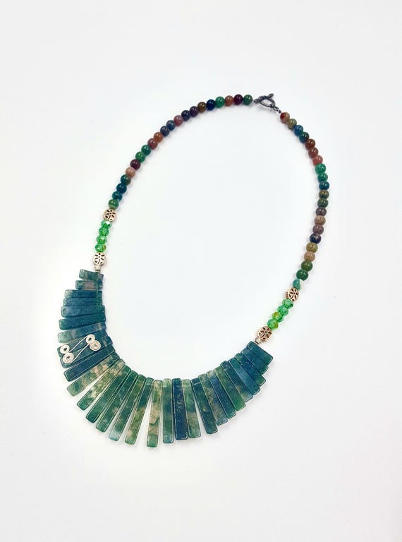 Emerald Green Stone Spiral Collar Floral, Crystal, Green and Brown Beaded Necklace by Lauren Jay Designs