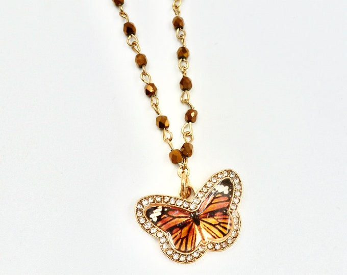 Colourful Butterfly Pendant Brown Beaded Chain Necklaces by Lauren Jay Designs