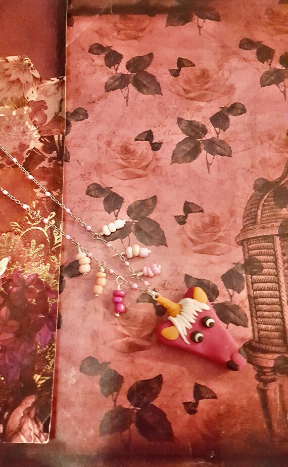 Pink and Orange Unicorn Polymer Clay Pendant Pink Beaded Chain Necklace by Lauren Jay Designs