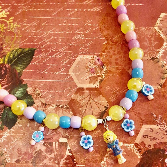1994 Polly Pocket Doll and Blue Flower Pendant Yellow, Pink, Blue and Purple Beaded Necklace by Lauren Jay Designs