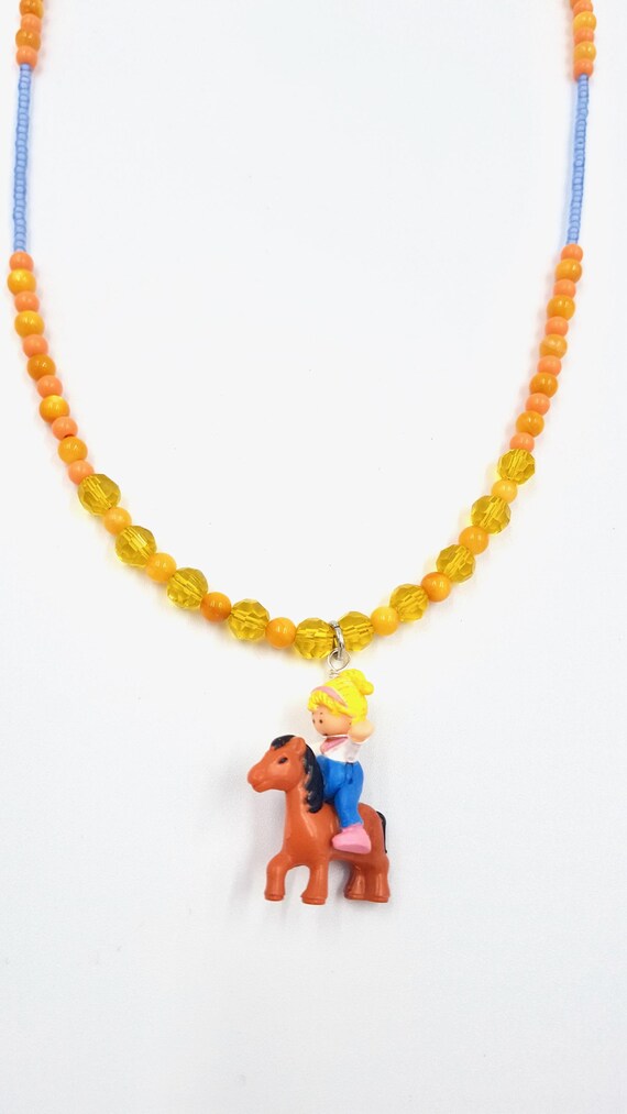 Polly Pocket Pony Riding Pendant Orange and Blue Beaded Necklace by Lauren Jay Designs