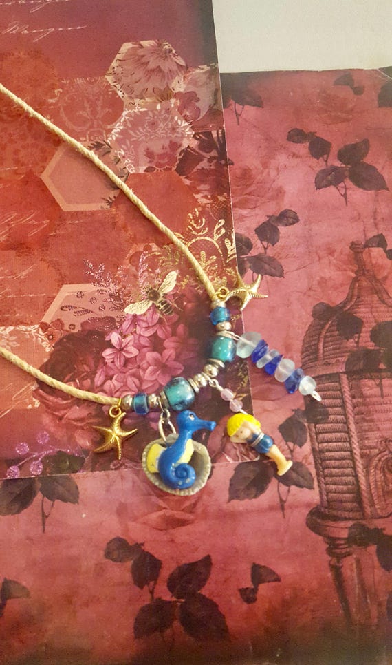 1993 Polly Pocket Swimmer Doll, Under The Sea Starfish and Seahorse Shell Pendant Blue Beaded Cord Necklace by Lauren Jay Designs