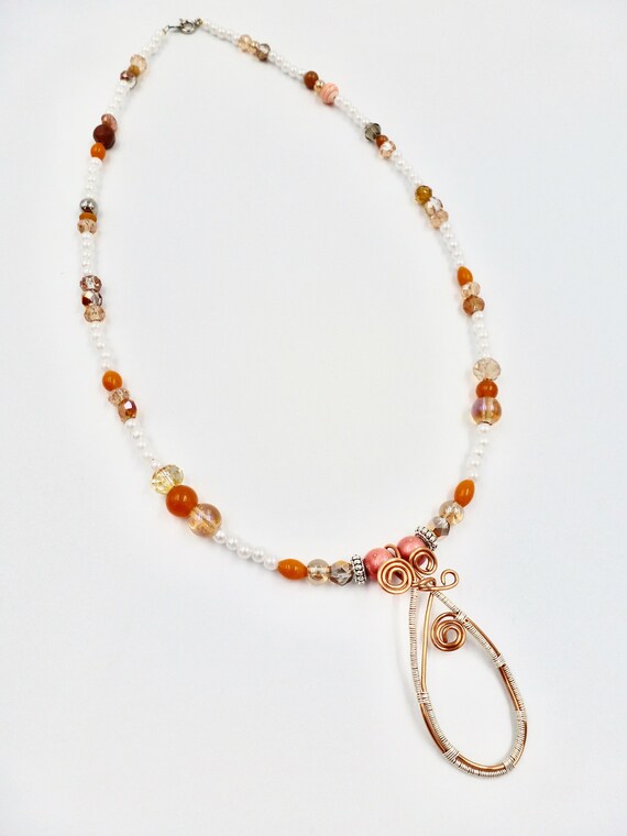 Autumn/Fall Orange and Pearl Beaded Necklace with Spiral Hoop Pendant by Lauren Jay Designs