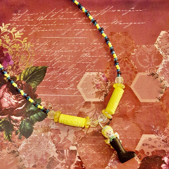 Polly Pocket Shoe Fairy/Shoe Fairies Pendant Yellow, Blue and Purple Floral Beaded Necklace by Lauren Jay Designs
