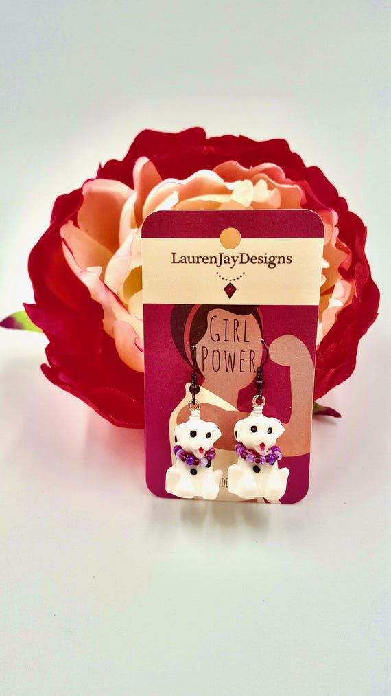 Dalmatian Dog Pink and Purple Beaded Dangle Earrings by Lauren Jay Designs