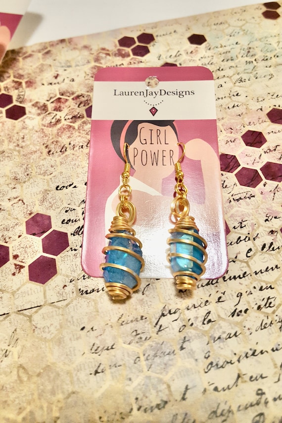 Blue Crystal Gold Spiral Wire Wrapped Dangle Earrings by Lauren Jay Designs